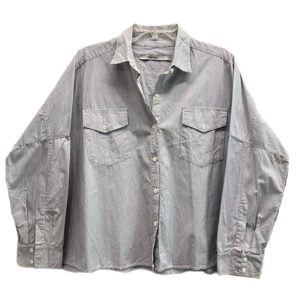 Maria Cher Women Button Down Shirt XL U Pinstripe Lagenlook Long Sleeve Boxy